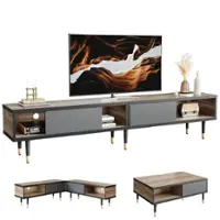 Bestier 80-Inch Mid-Century Modern Coffee Table with Sliding Doors for Living Room - Pinewood - Front_Zoom