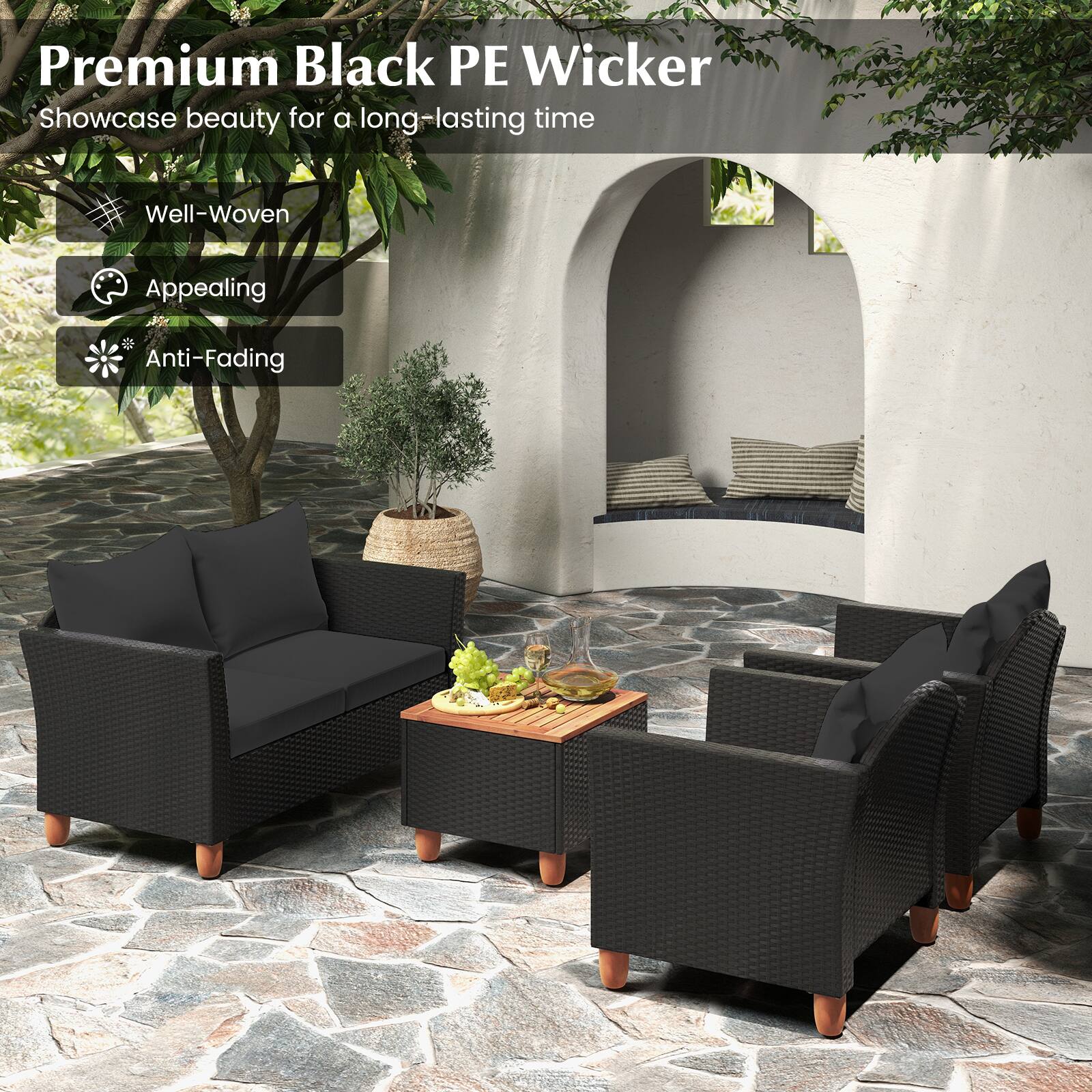 Premium Black PE Wicker  
Showcase beauty for a long-lasting time

- Well-Woven
- Appealing
- Anti-Fading