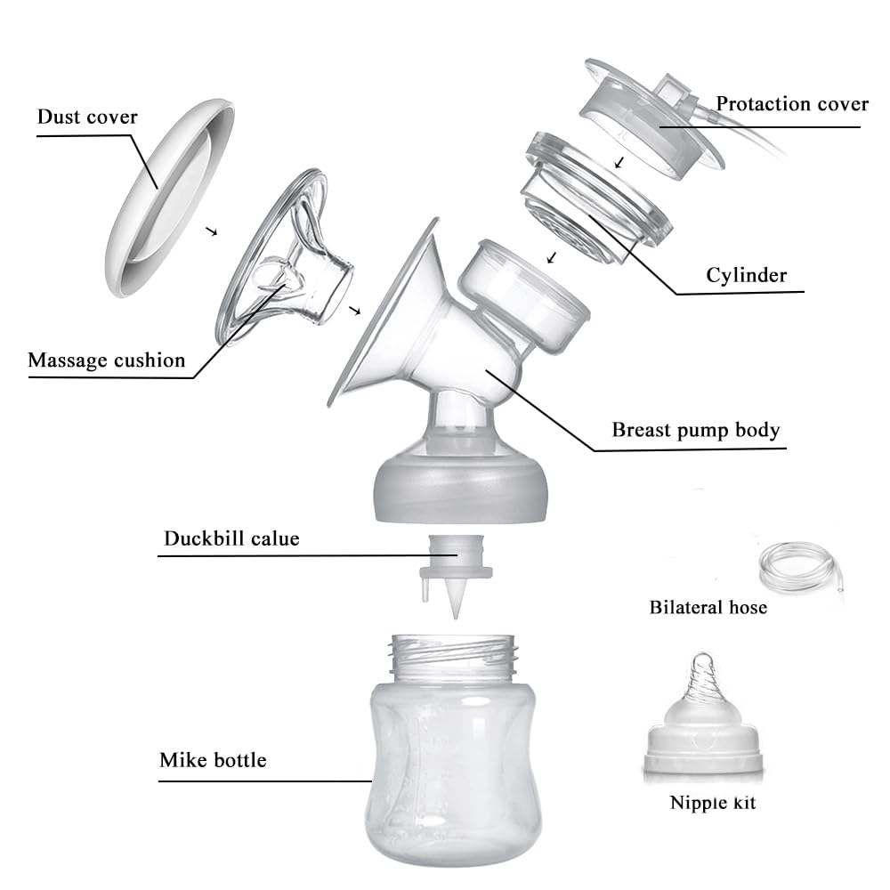 Dust cover  
Massage cushion  
Breast pump body  
Cylinder  
Protection cover  
Duckbill calve  
Bilateral hose  
Mike bottle  
Nipple kit
