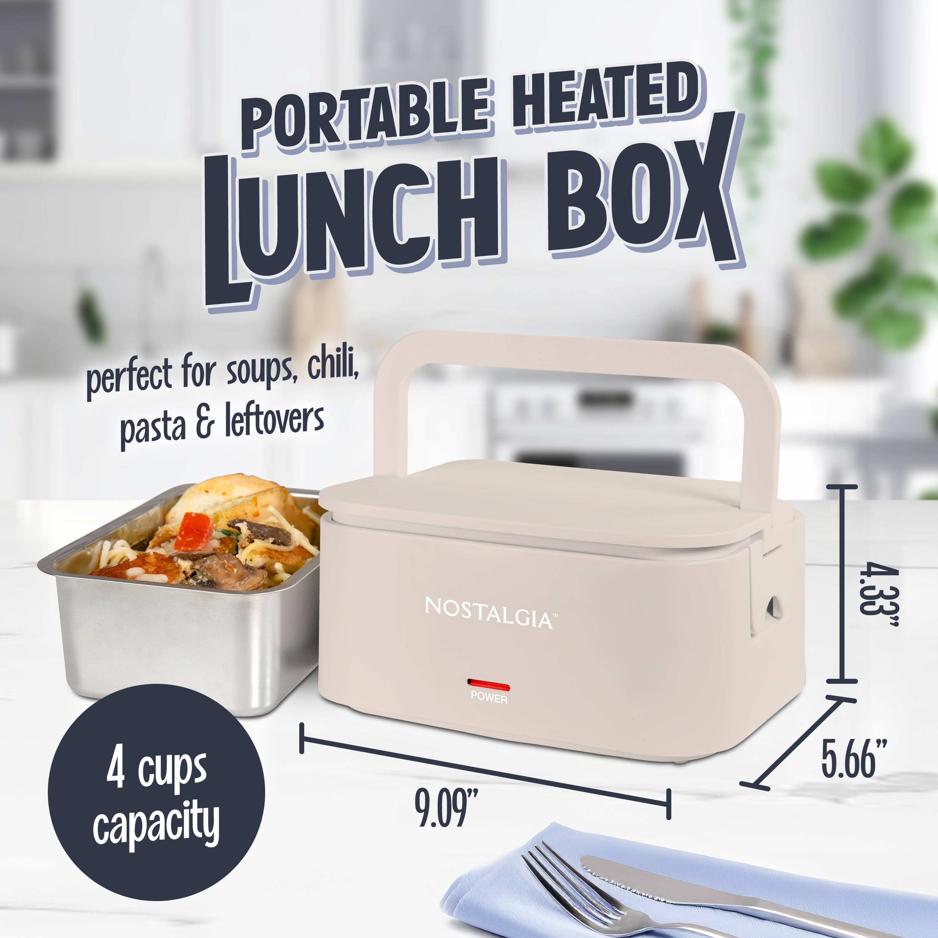 PORTABLE HEATED LUNCH BOX  
perfect for soups, chili, pasta & leftovers  
NOSTALGIA  
4 cups capacity  
9.09" x 5.66" x 4.33"