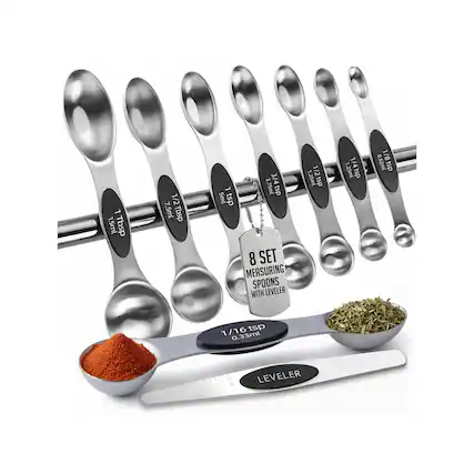 L 15ml Tbsp
7 1/2 7.5ml Tbsp
3/4 L 3.75ml tsp
5ml tsp
8 SET MEASURING SPOONS WITH LEVELER
1/2 .25ml /2tsp tsp
1/4 1.25ml tsp
1/8tsp 0.62ml tsp
1/16 tsp 0.33ml
LEVELER