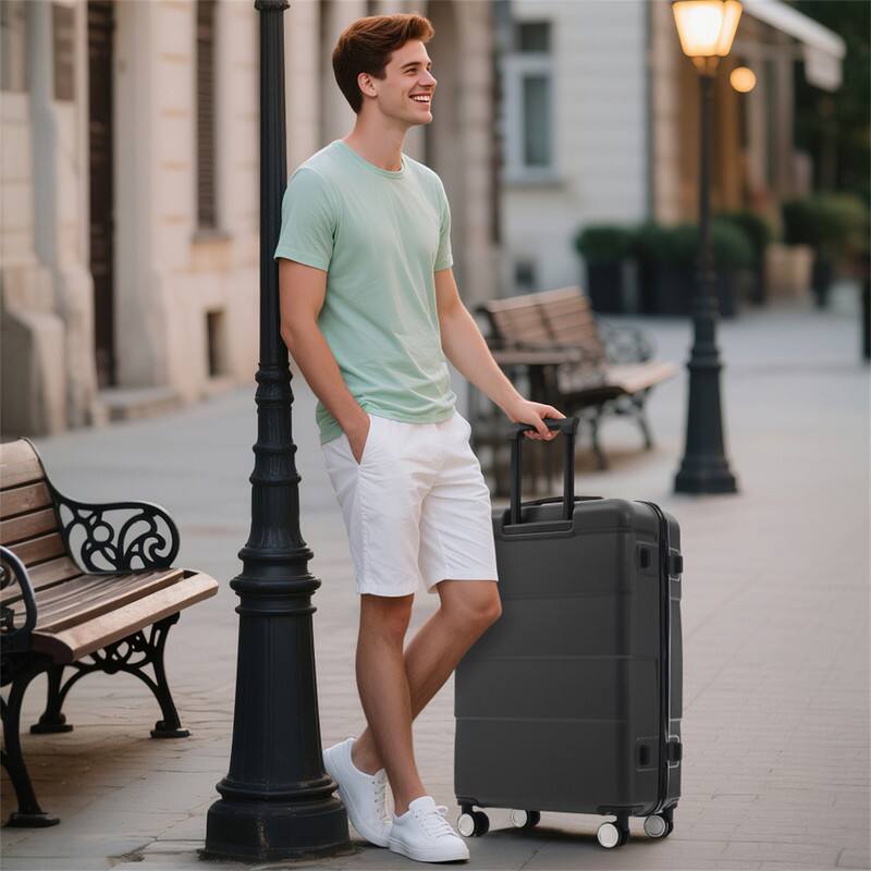 Angle. HTUTWOO - Hardshell Luggage -6 Piece with 2 Bags,Carry on Suitcase with Handle Password Lock,Double Spinner Wheels,16"/20"/24"/28" - Charcoal.