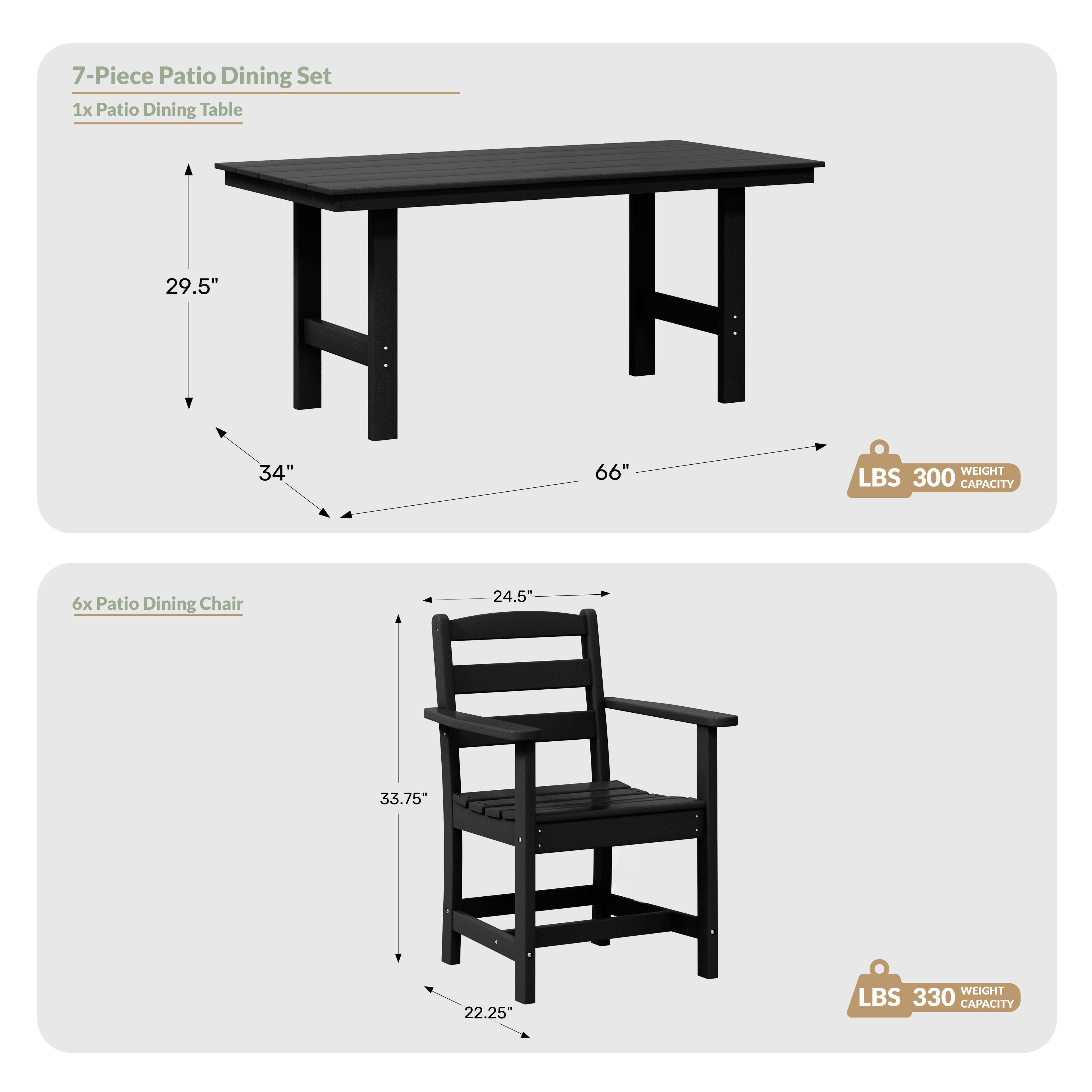 7-Piece Patio Dining Set  
1x Patio Dining Table  
29.5"  
34"  
66"  
WEIGHT LBS 300 CAPACITY  

6x Patio Dining Chair  
24.5"  
33.75"  
22.25"  
WEIGHT LBS 330 CAPACITY
