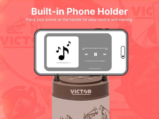 Built-in Phone Holder  
Place your phone on the handle for easy control and viewing.  

VICTOR  
World's greatest record player