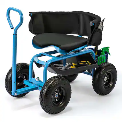Front. Costway - Costway Rolling Garden Cart Height Adjustable Scooter with Swivel Seat & Tool Storage - Blue.