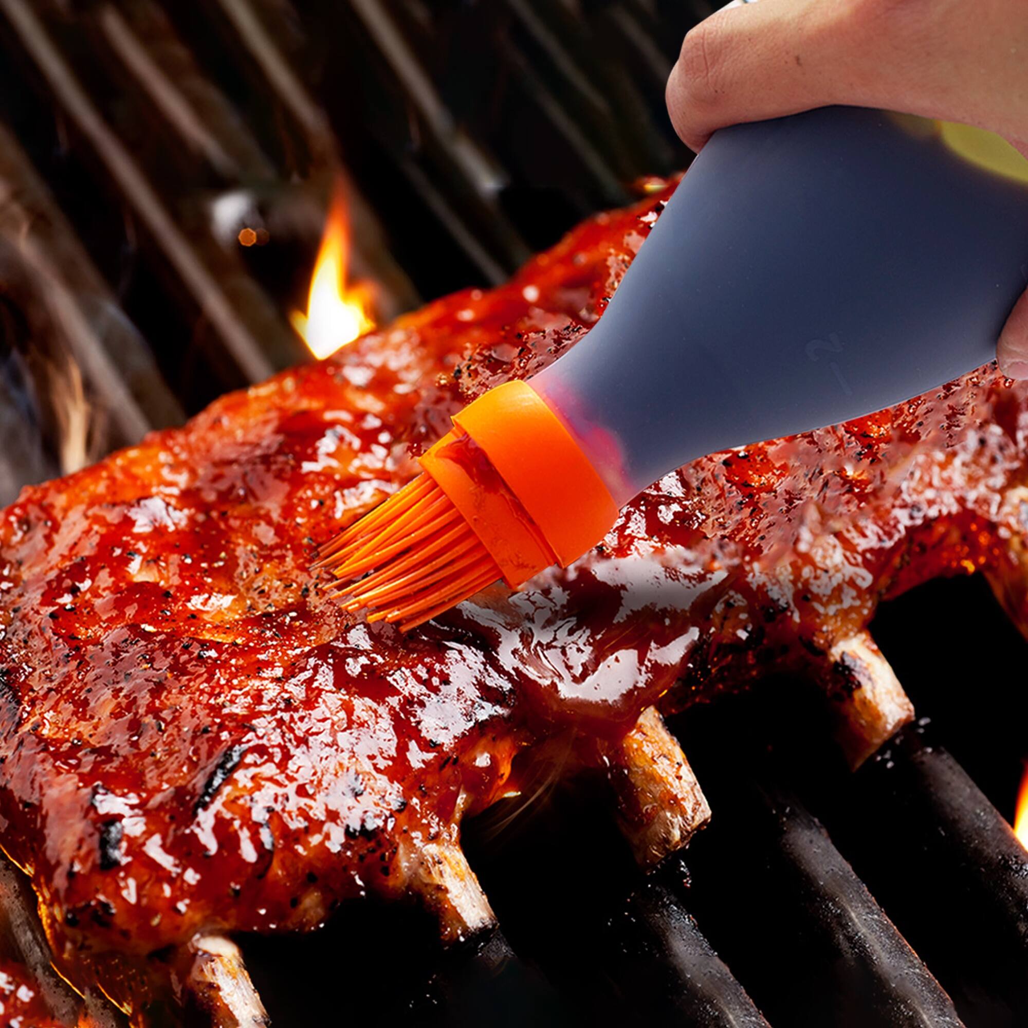 Back. Gourmet Easy - Silicone Pastry Brush, All-in-One Slicone Basting Brush with Sauce Bottle, Heat Resistant BBQ Accessories - Orange.