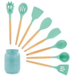 MegaChef - Silicone and Wood Cooking Utensils, Set of 9 - Mint Green