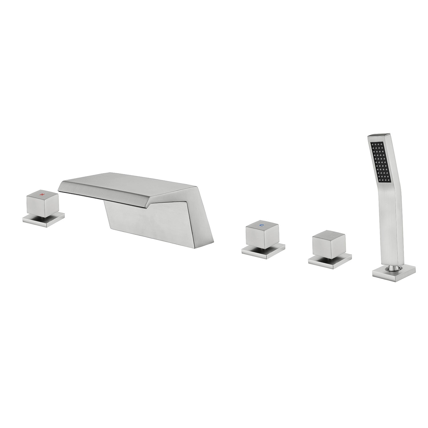 Alt View 1. Boyel Living - Brushed Nickel Polygonal Cold and Hot Water Bathtub Faucet with Handheld Shower Waterfall Outlet Five Hole Installation - Brushed Nickel.