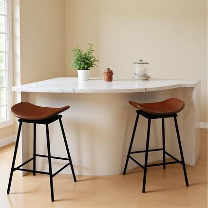 Front. Pefilos - 360° Swivel Barstools Set of 2, Faux Leather Upholstered Backless with Footrest, Saddle Seat Barstools - Brown.