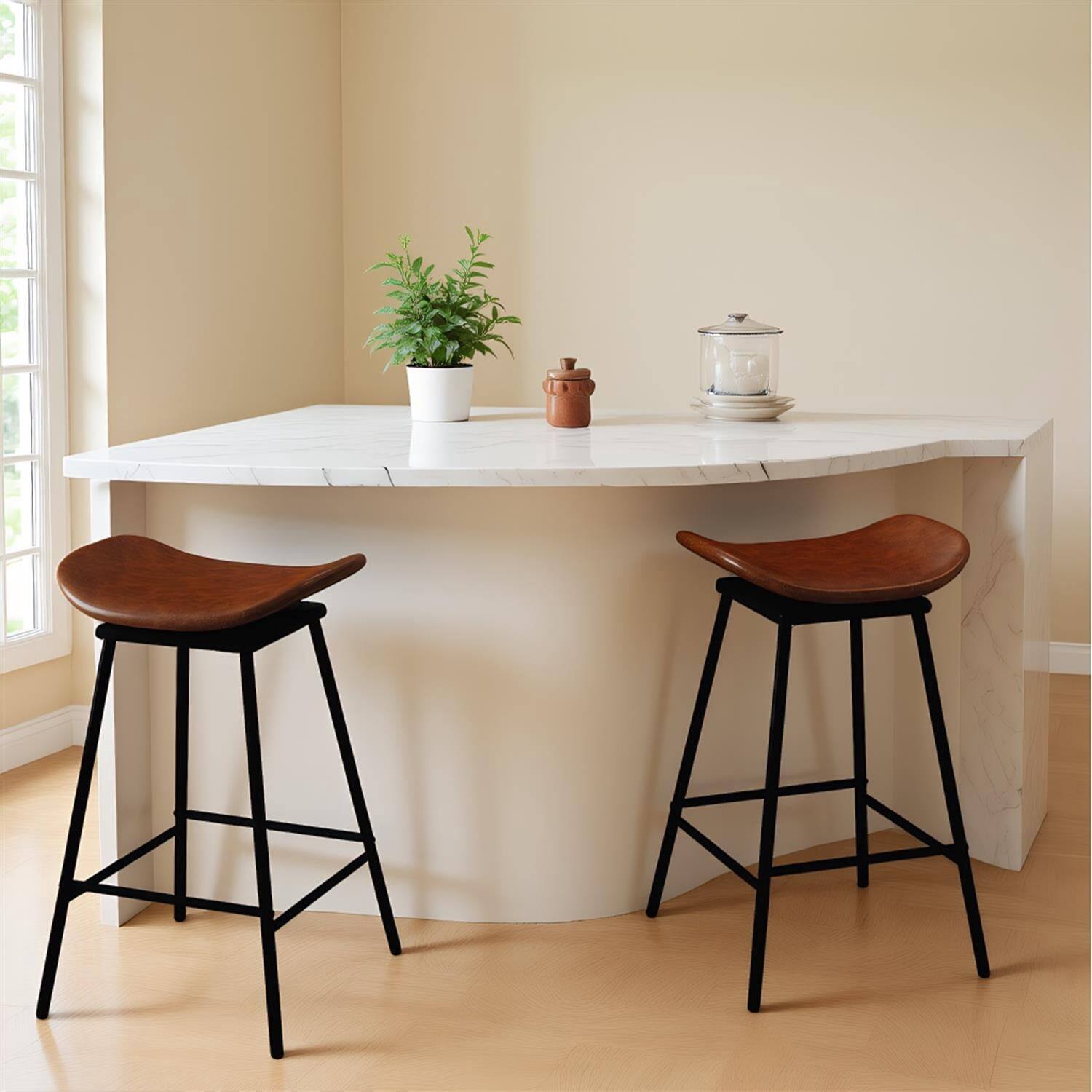 Pefilos - 360° Swivel Barstools Set of 2, Faux Leather Upholstered Backless with Footrest, Saddle Seat Barstools - Brown