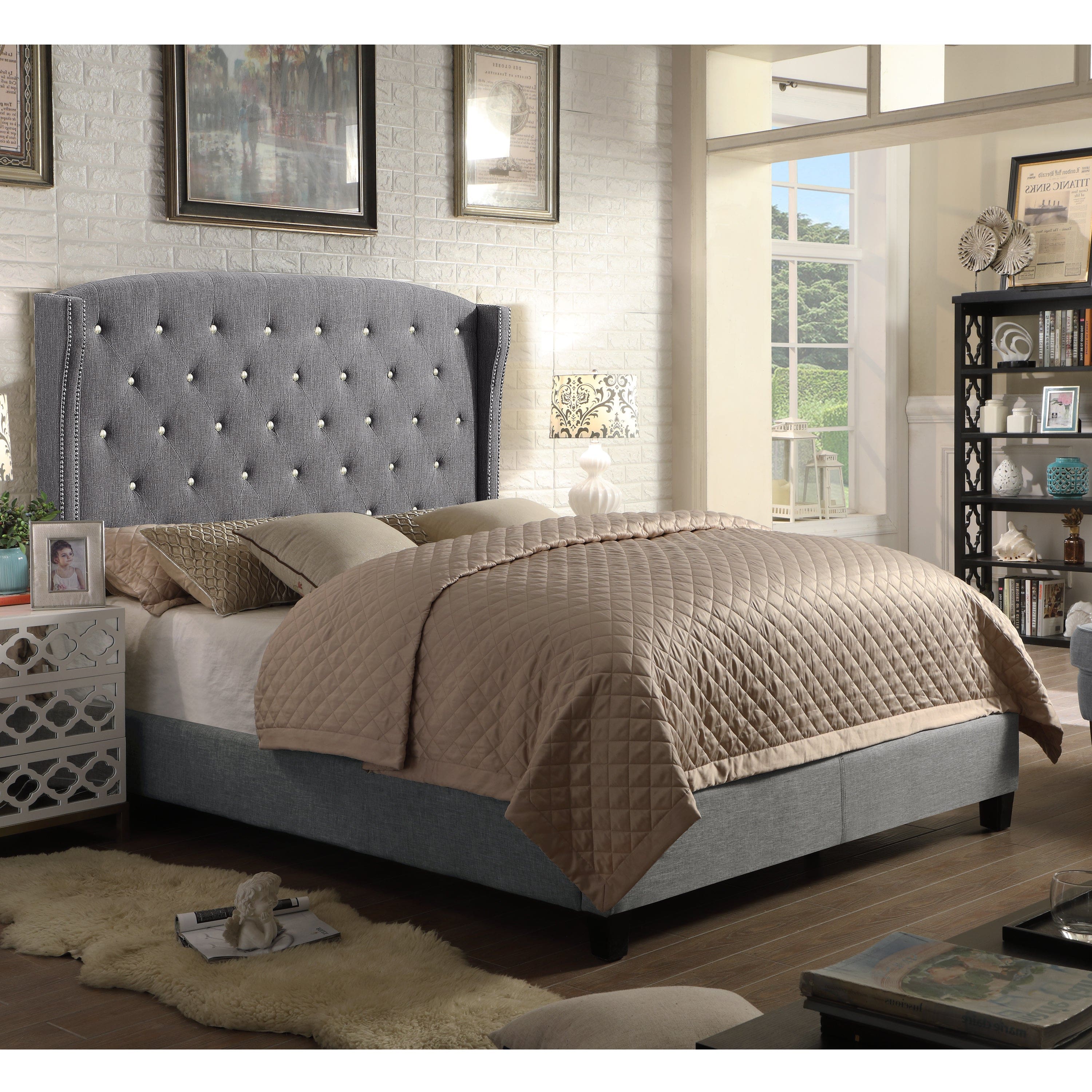 Boyel Living - Button Tufted Upholstered Bed with Nailhead Trim and Solid Wood Frame - Light Gray
