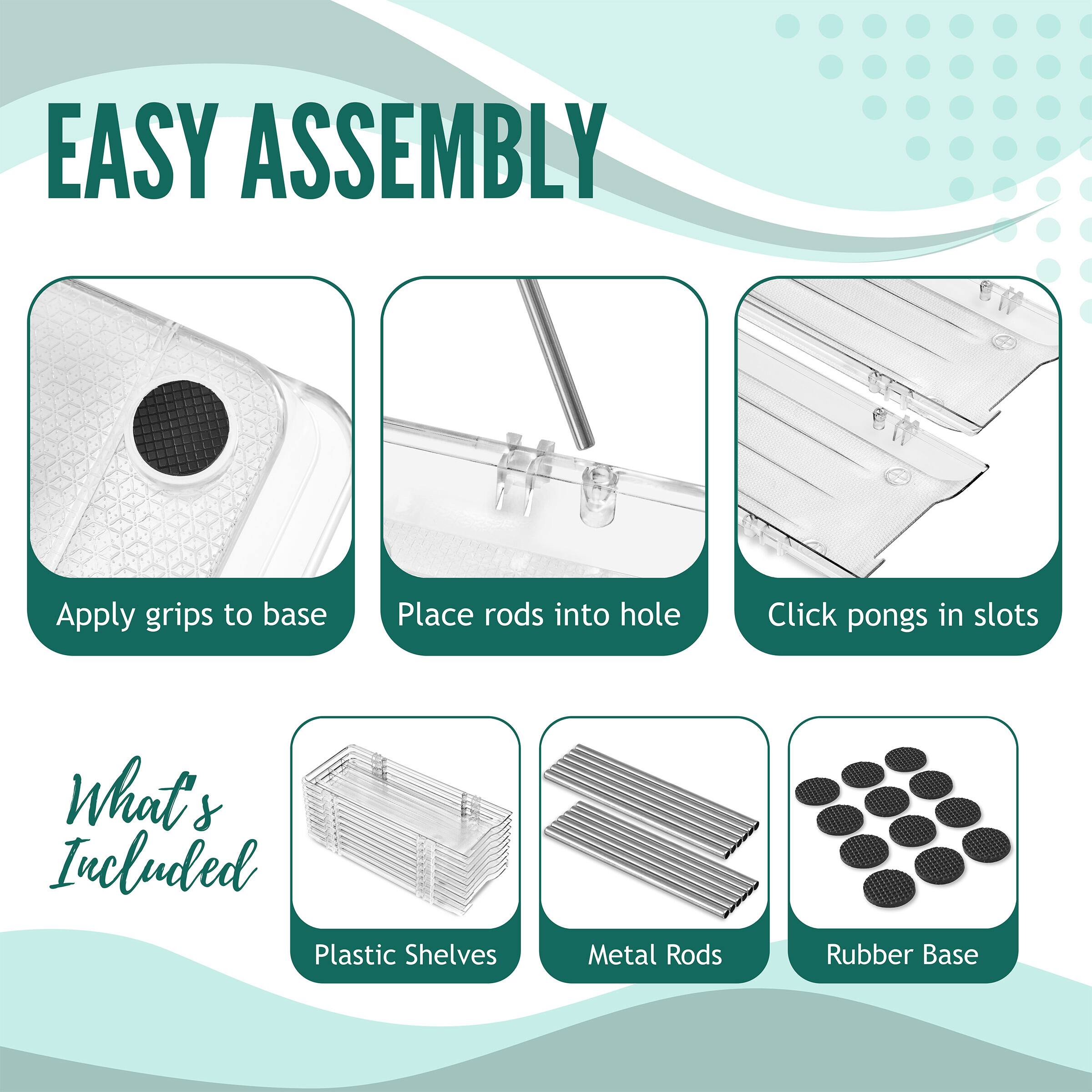 EASY ASSEMBLY

- Apply grips to base
- Place rods into hole
- Click pongs in slots

What's Included

- Plastic Shelves
- Metal Rods
- Rubber Base