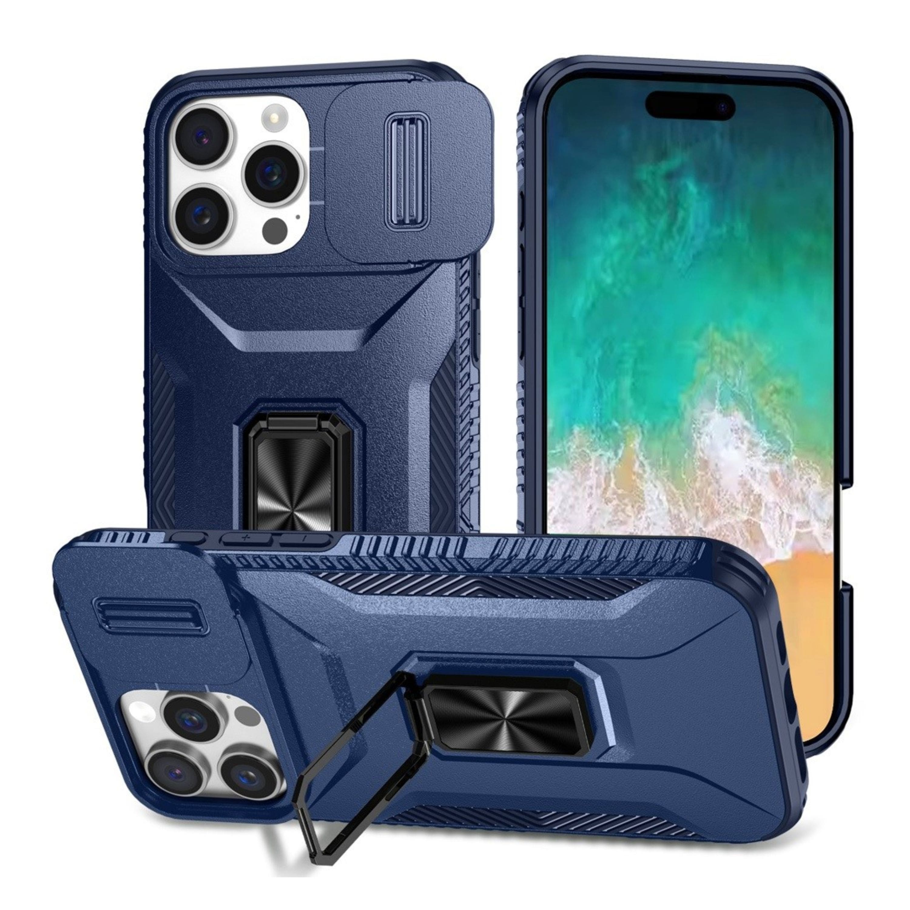 Kitcheniva - Complete Protection Magnetic Stand Phone Case With Tempered Glass For iPhone 16 Pro Max - Blue
