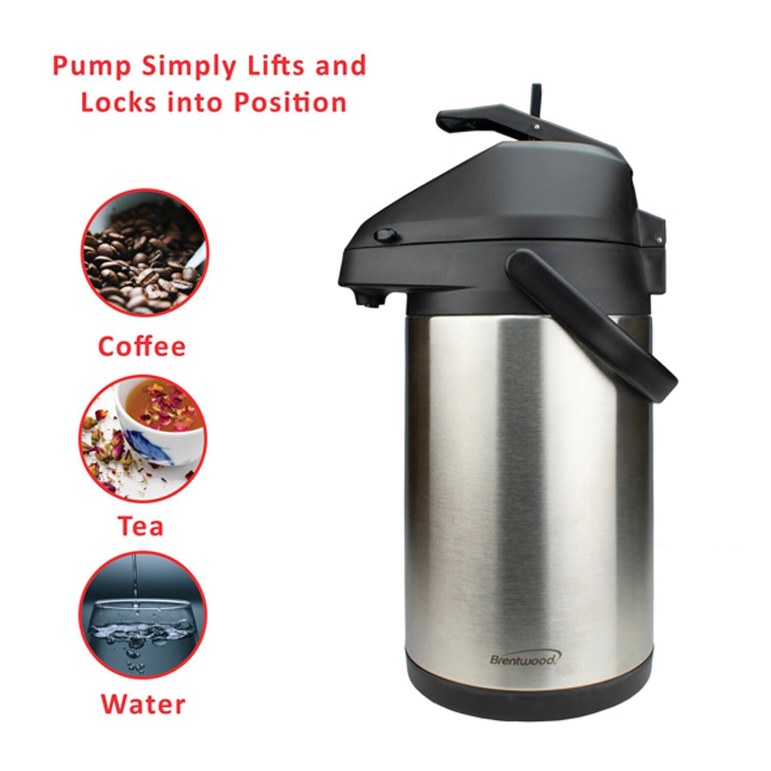 Pump Simply Lifts and Locks into Position

Coffee  
Tea  
Water