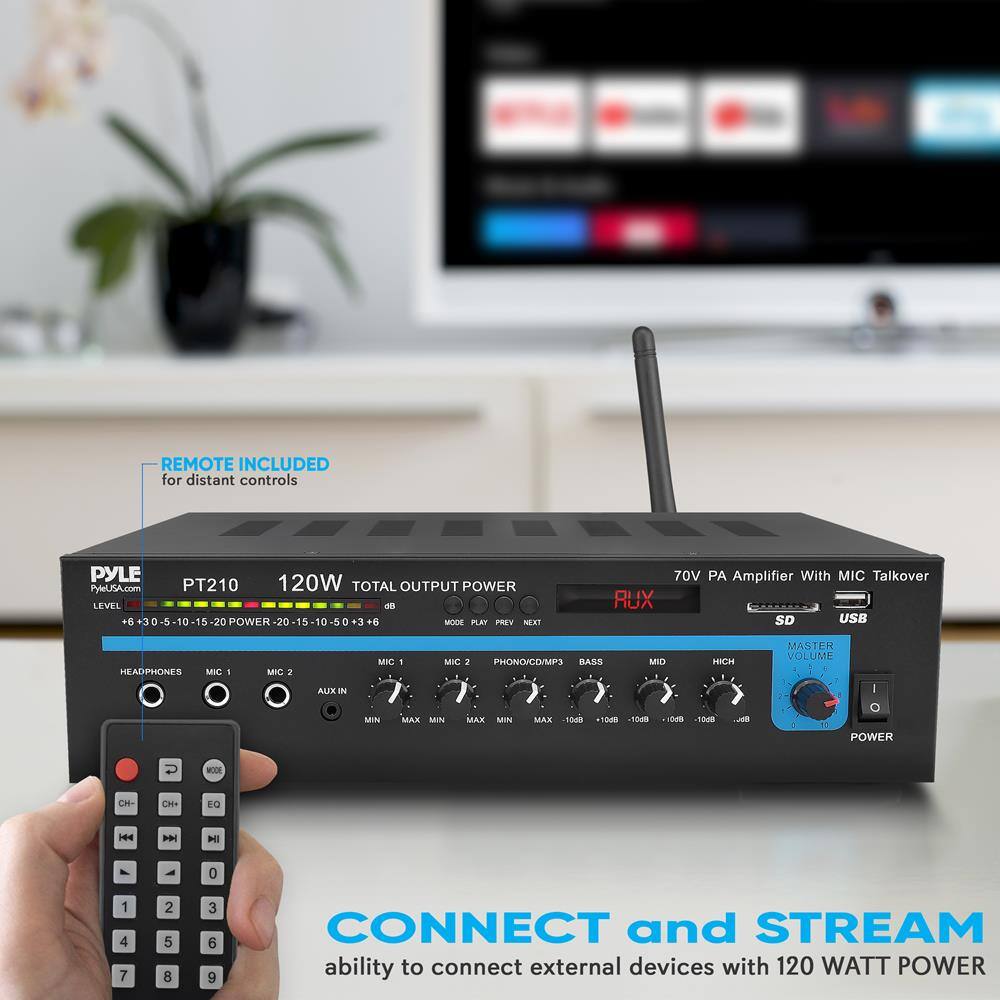 REMOTE INCLUDED for distant controls

PYLE PyleUSA.com PT210 120W TOTAL OUTPUT POWER LEVEL +3 5 10 15 -20 POWER -20 5 10 D e3 +6 MODE PLAT PREV NEXT

70V PA Amplifier With MIC Talkover

RUX SD USB HEADPHONES - 1 MIC 2 AUX I MIC 1 MIC 2 PHONO/CD/MPS BASS MID HICH MASTER VOLUME I MIN MAX -1008 Sm N - POWER WAE C- CH EQ 44 HI 0 1 4 7 2 5 8 3 6 9 CONNECT and STREAM ability to connect external devices with 120 WATT POWER