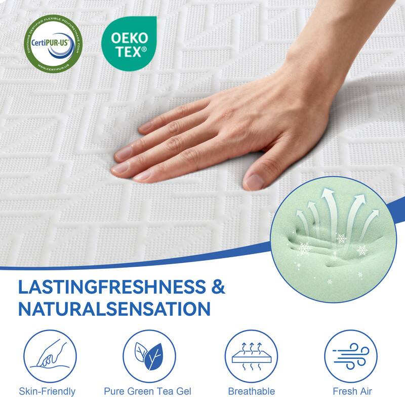 FLEXIBLE POLYURETHANE CONTAINS CertiPUR-US

OEKO TEX

LASTING FRESHNESS & NATURAL SENSATION

Skin-Friendly
Pure Green Tea Gel
Breathable
Fresh Air
