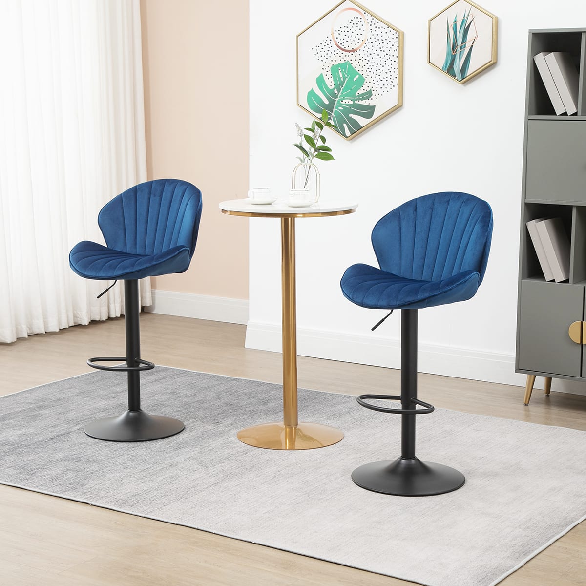 Trinkets Crazed - Adjustable Swivel Gold Bar Stools Set Of 2, Counter Height With Backs, Velvet Island Chairs For Kitchen Home Decor - Blue