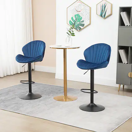 Front. Trinkets Crazed - Adjustable Swivel Gold Bar Stools Set Of 2, Counter Height With Backs, Velvet Island Chairs For Kitchen Home Decor - Blue.