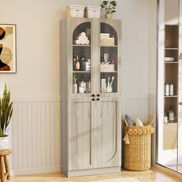 Aheaplus - 80'' Tall Bathroom Storage Cabinet, 6-Tier Linen Cabinet with Glass Doors and Adjustable Shelves - Wash Gray