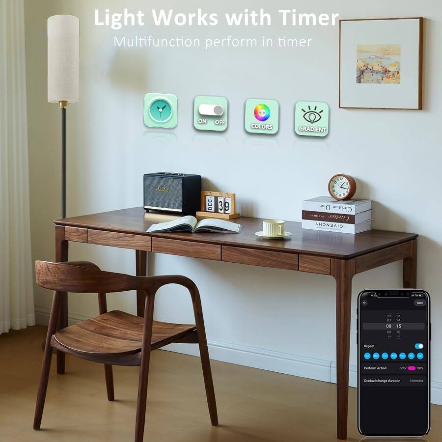 Light Works with Timer  
Multifunction perform in timer  

ON OFF  
COLORS  
GRADIENT  

CI Christian Cartier  
INCH ...  
OR 00 14 15 4  
Repest Perform Action  
Coor Ne% Gradual change duration  
Minutes