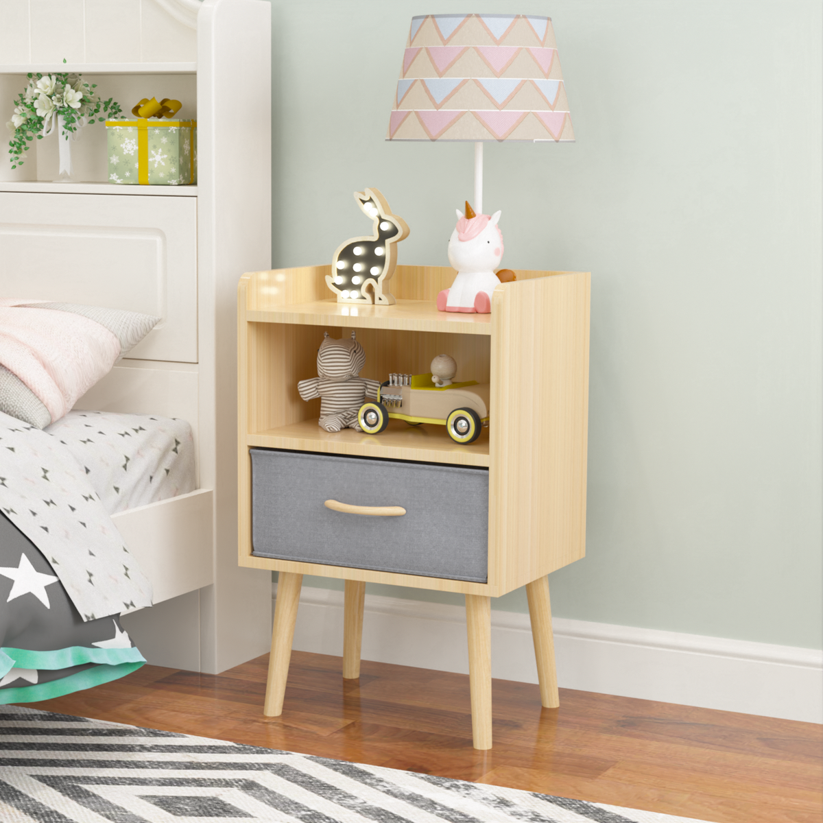 Alt View 1. Spaco - Spaco Nightstand with Collapsible Fabric Drawer, 2-Tier Storage, Wood Side Table for Bedroom, Living Room - Oak.