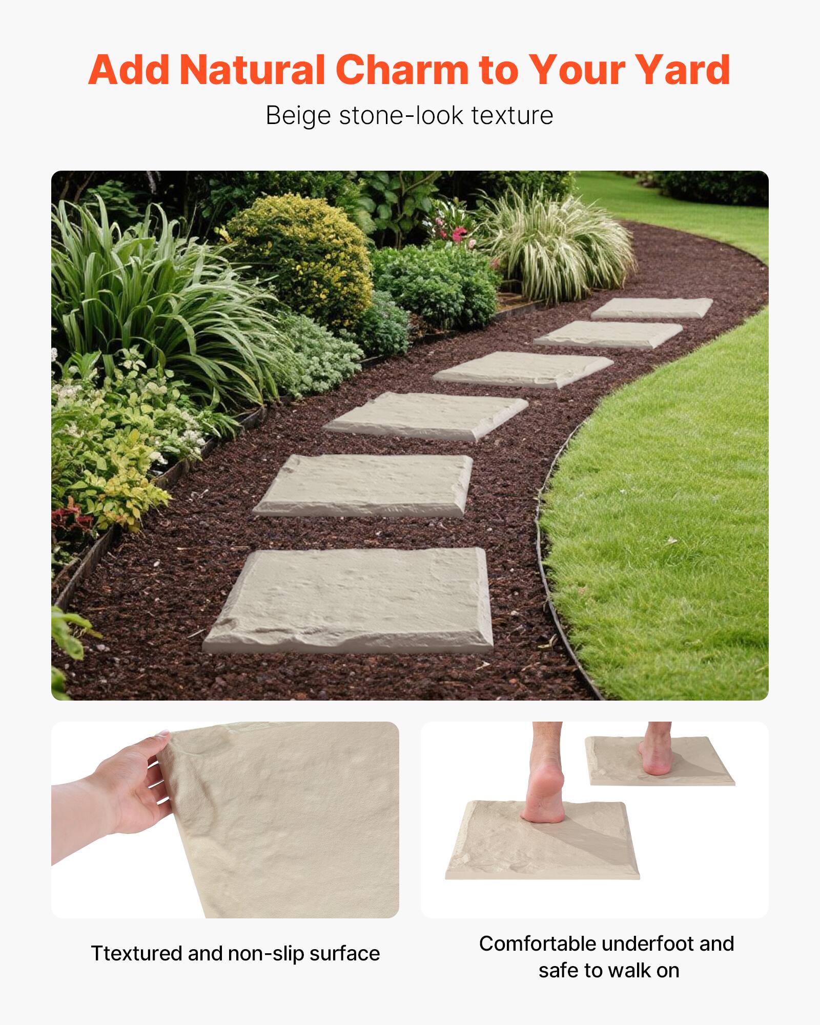 Add Natural Charm to Your Yard
Beige stone-look texture
Ttextured and non-slip surface
Comfortable underfoot and safe to walk on