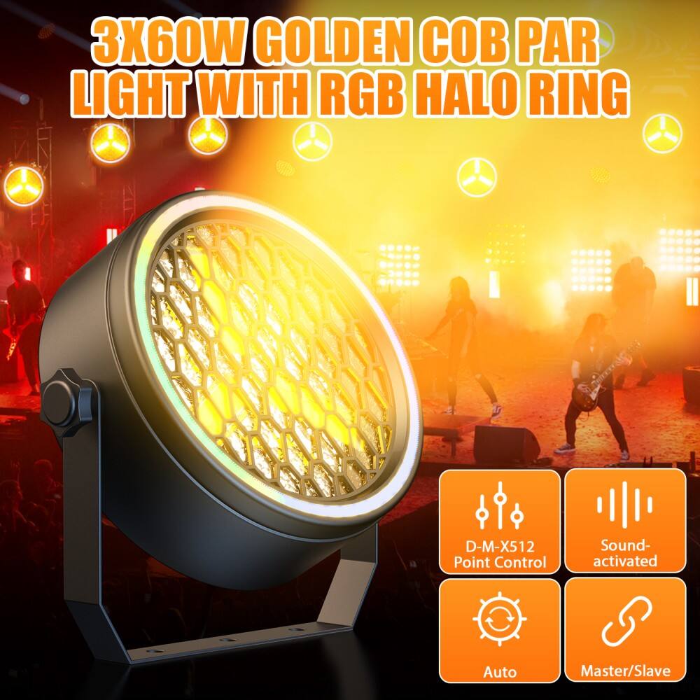 3X60W GOLDEN COB PAR LIGHT WITH RGB HALO RING

- D-M-X512 Point Control
- Sound-activated
- Auto
- Master/Slave