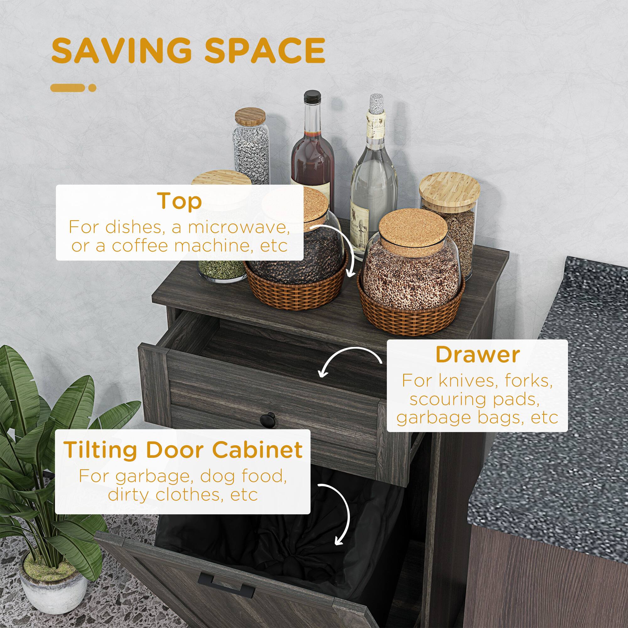 SAVING SPACE
Top: For dishes, a microwave, or a coffee machine, etc.
Tilting Door Cabinet: For garbage, dog food, dirty clothes, etc.
Drawer: For knives, forks, scouring pads, garbage bags, etc.