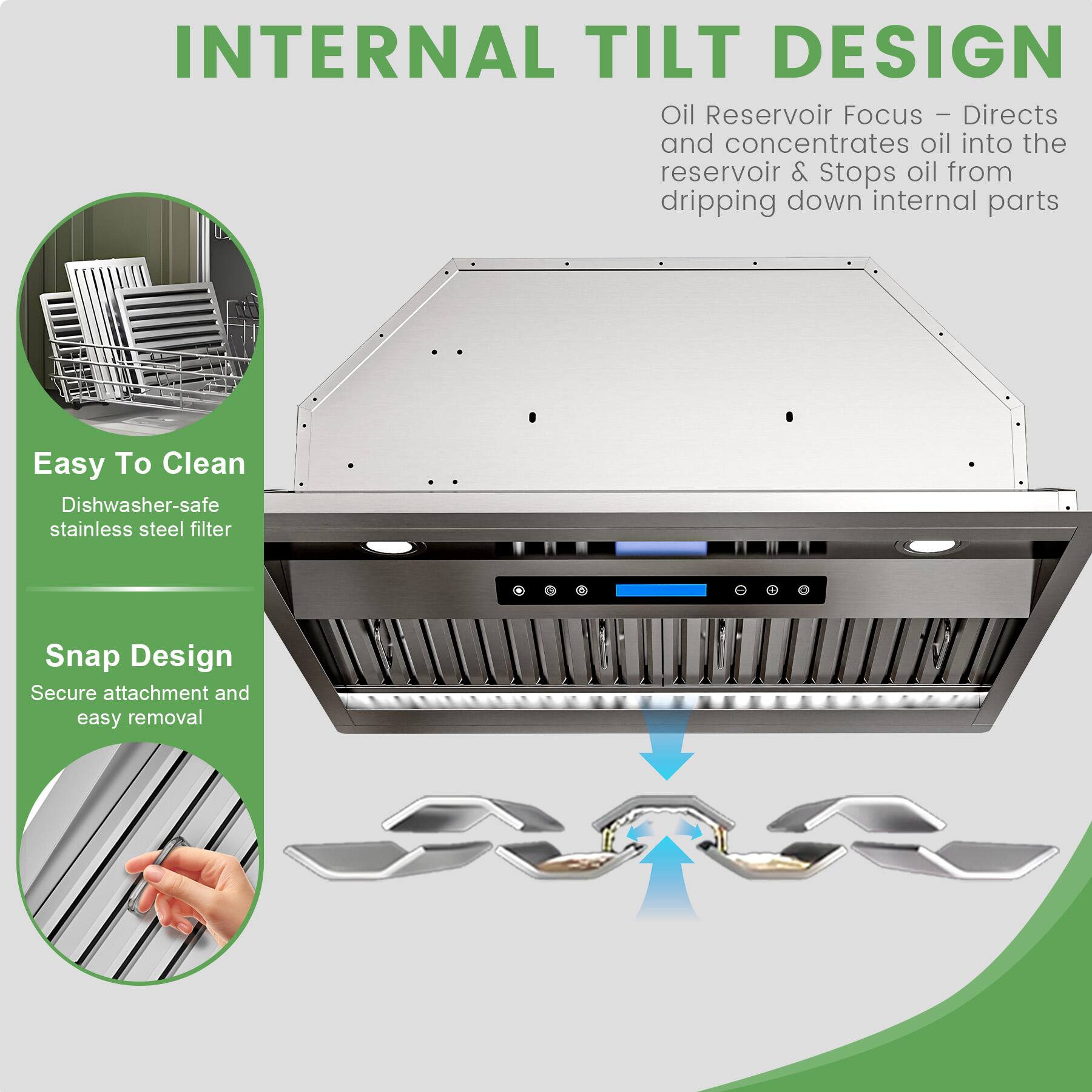 INTERNAL TILT DESIGN

Oil Reservoir Focus - Directs and concentrates oil into the reservoir & Stops oil from dripping down internal parts

Easy To Clean
Dishwasher-safe stainless steel filter

Snap Design
Secure attachment and easy removal