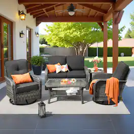 Ovios - 5 PCS Outdoor Wicker Patio Furniture Set, Comfy Loveseat with Swivel Chair & Coffee Table - Black