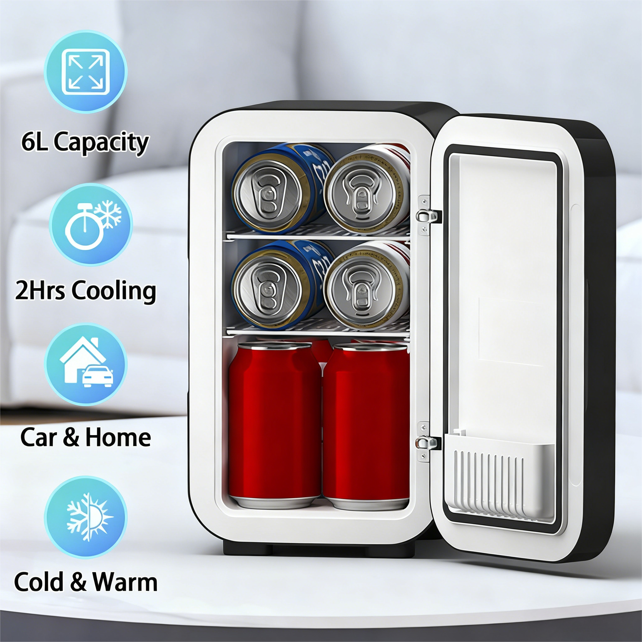 6L Capacity  
2Hrs Cooling  
Car & Home  
Cold & Warm