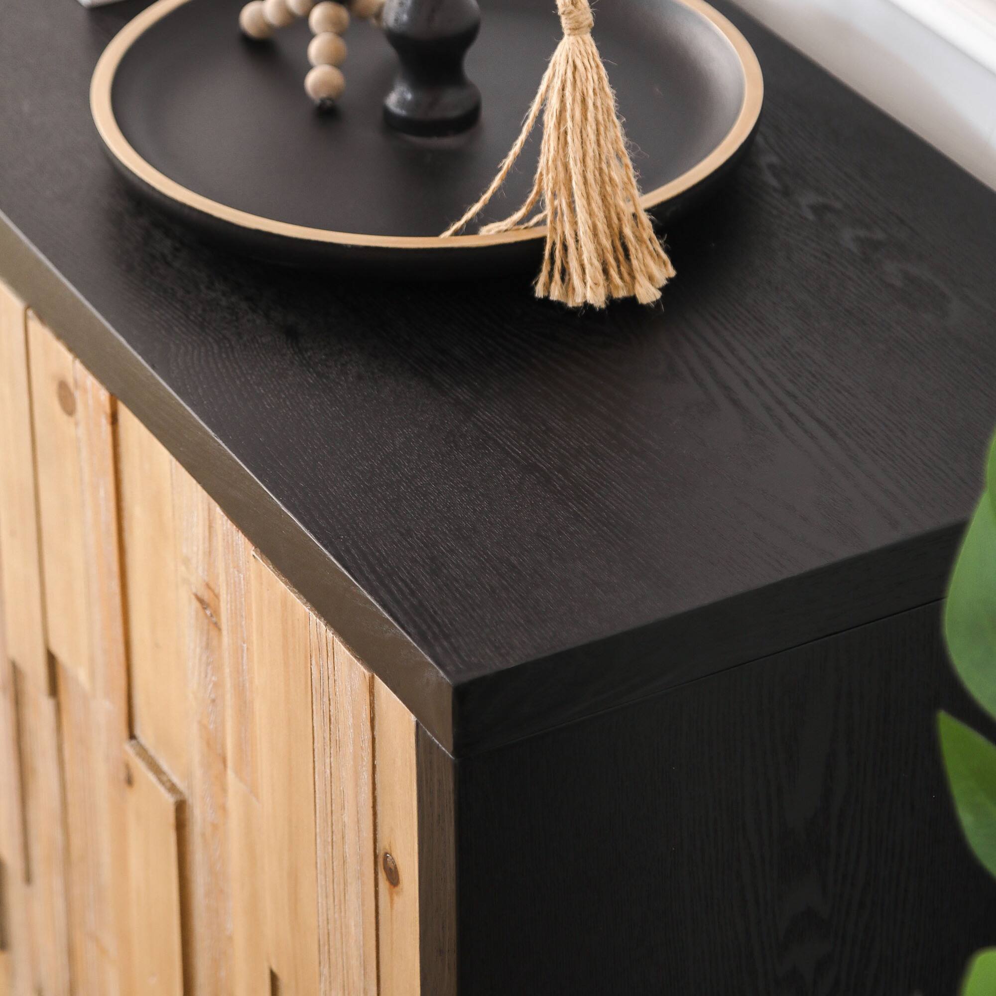 Alt View 6. GOODSILO - Contemporary Geometric Pattern Four-Door Wooden Storage Cabinet for Living Room and Dining Area - Black+Natural.