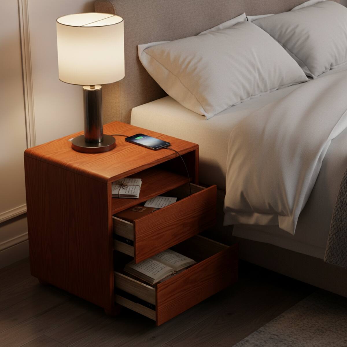 Left. Loheer - Loheer Solid Wood Nightstand with Charging Station, Walnut, Two Drawers - Walnut.