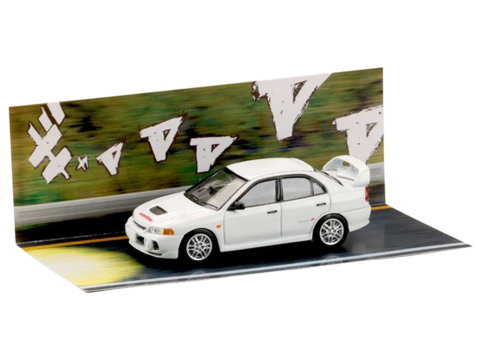 Alt View 5. Hobby Japan - Mitsubishi Lancer RS Evolution IV RHD "MonStar" White "Initial D" (1995-2013) Manga 1/64 Model Car by Hobby Japan.