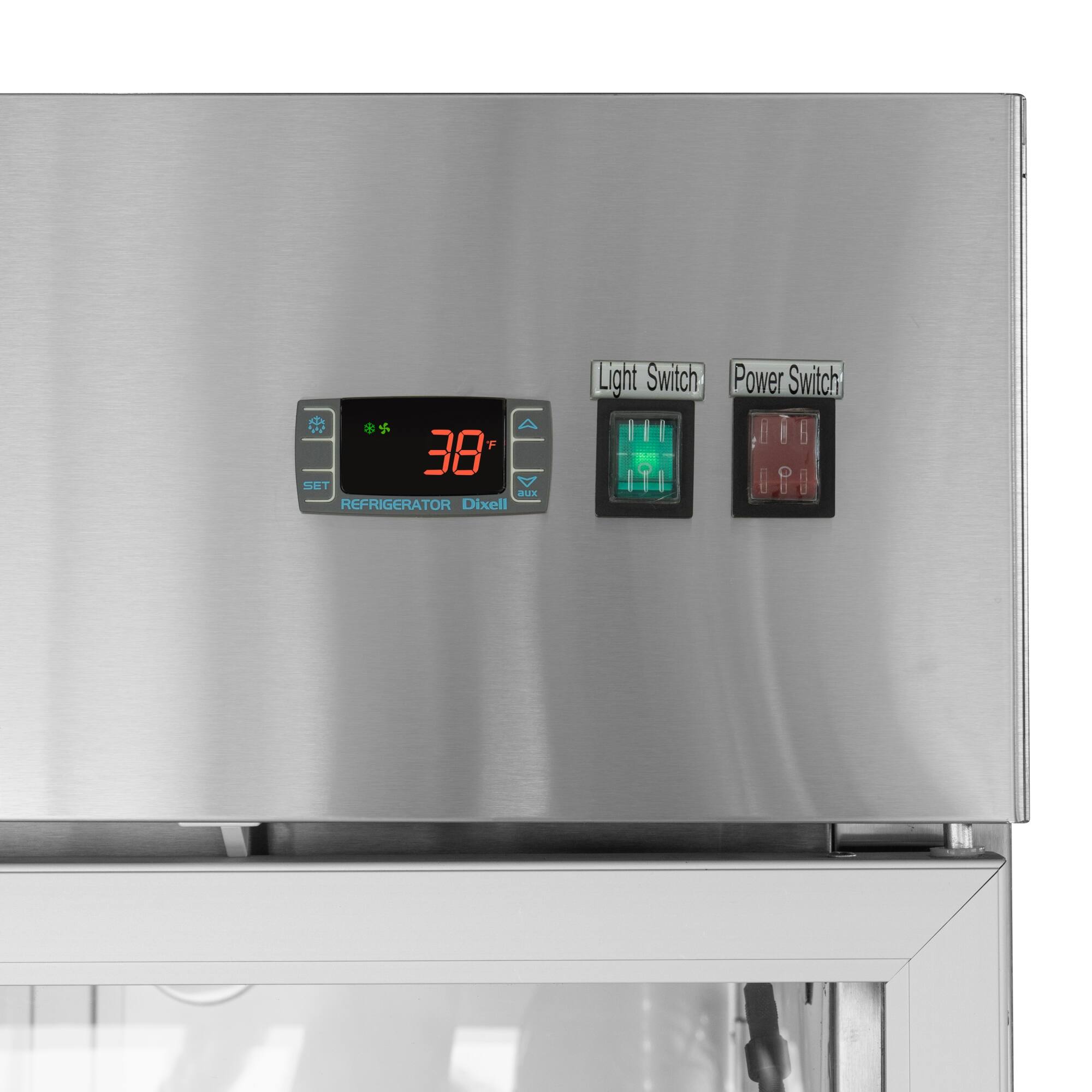 The image shows a stainless steel refrigerator with a digital display on the front. The display shows the current temperature inside the refrigerator, which is set at 38 degrees Celsius. The refrigerator also has a light switch and a power switch, both of which are located on the front panel. The light switch is on the left side, while the power switch is on the right side.