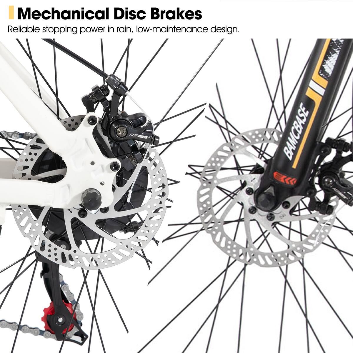 Mechanical Disc Brakes  
Reliable stopping power in rain, low-maintenance design.  
AERBASE