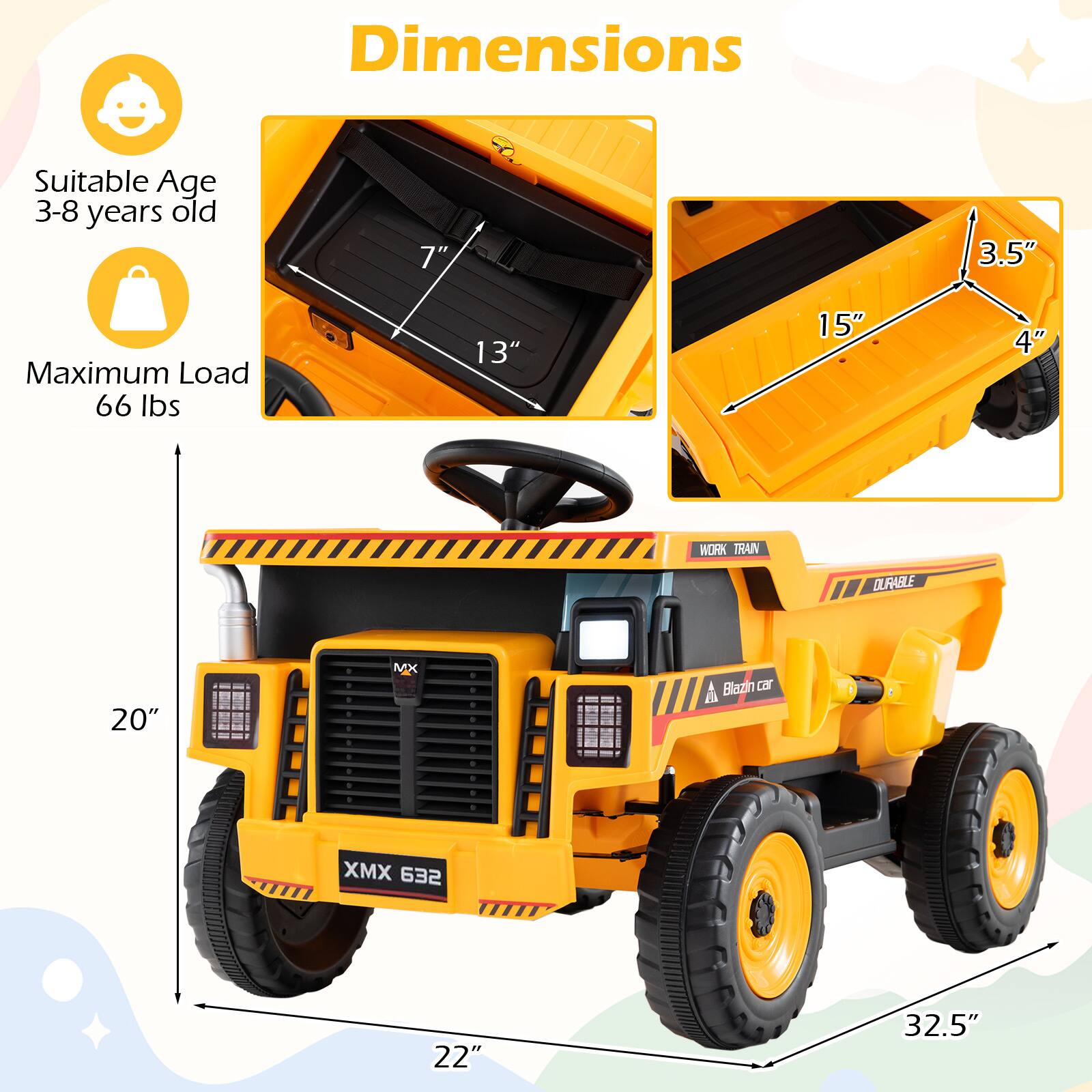 Dimensions

Suitable Age: 3-8 years old

Maximum Load: 66 lbs

7" x 3.5" x 13" x 15" x 4" x 20" x 22" x 32.5"