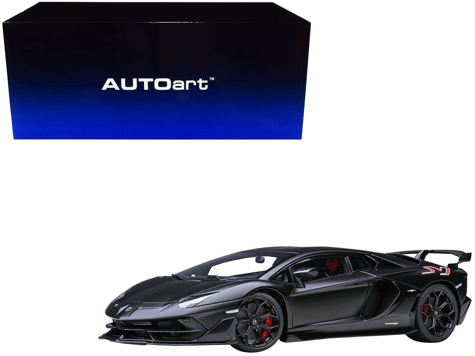 Front. Autoart - Lamborghini Aventador SVJ Nero Nemesis Matt Black 1/18 Model Car by Autoart - Matt Black.