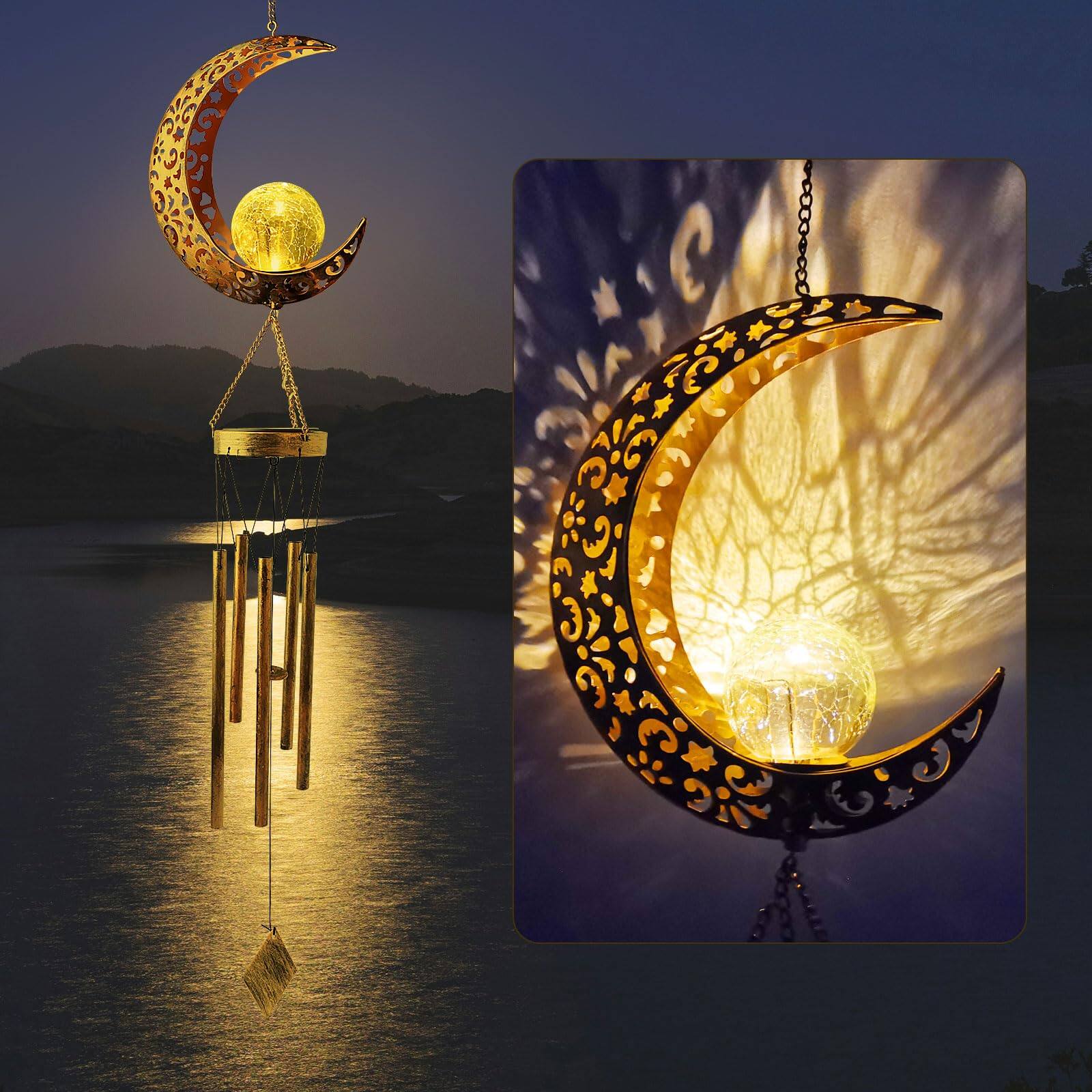 Fabibe - Solar Wind Chimes Fairy Hanging Outdoor Decor Crackle Glass Ball Warm Memorial Light Patio Lawn Yard Gardening - Moon