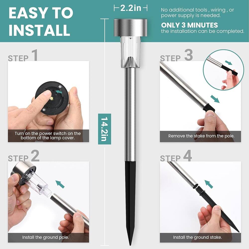 EASY TO INSTALL

No additional tools, wiring, or power supply is needed. ONLY 3 MINUTES the installation can be completed.

STEP 1
Turn on the power switch on the bottom of the lamp cover.

STEP 2
Install the ground pole.

STEP 3
Remove the stake from the pole.

STEP 4
Install the ground stake.