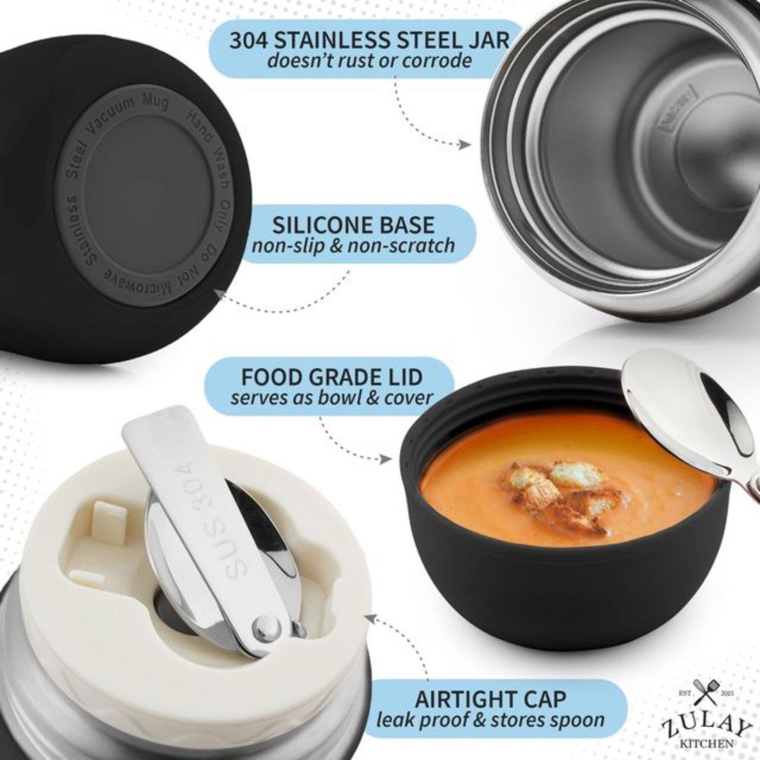 304 STAINLESS STEEL JAR doesn't rust or corrode, Mug Vacuum Hand Steel Wash Stainless Only, SILICONE BASE non-slip & non-scratch, FOOD GRADE LID serves as bowl & cover, AIRTIGHT CAP leak proof & stores spoon, ZULAY KITCHEN