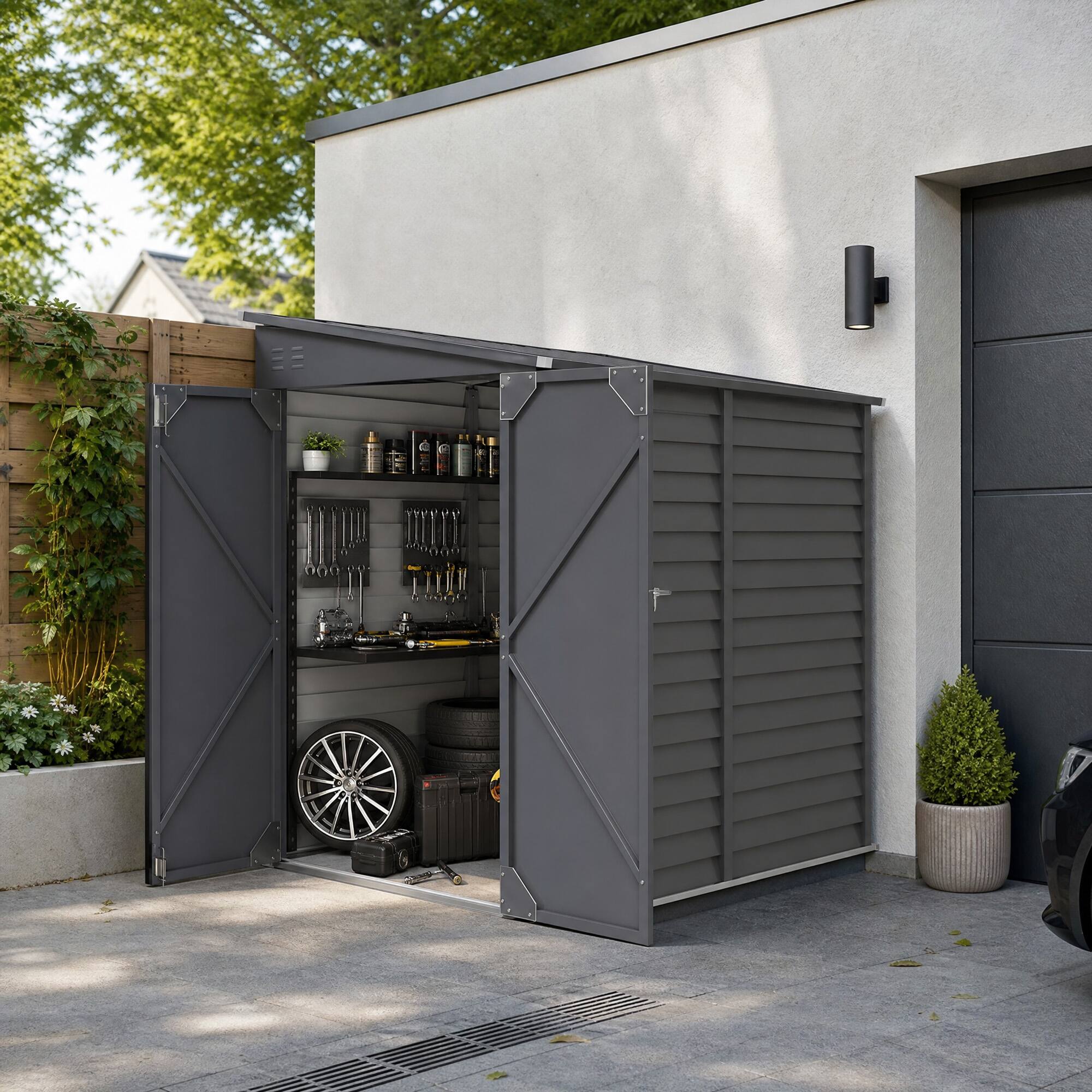 Alt View 8. Outsunny - x 9' Outdoor Storage Shed, Lean to Metal Shed with Foundation Kit, Lockable Doors and Gloves for Patio, Lawn.