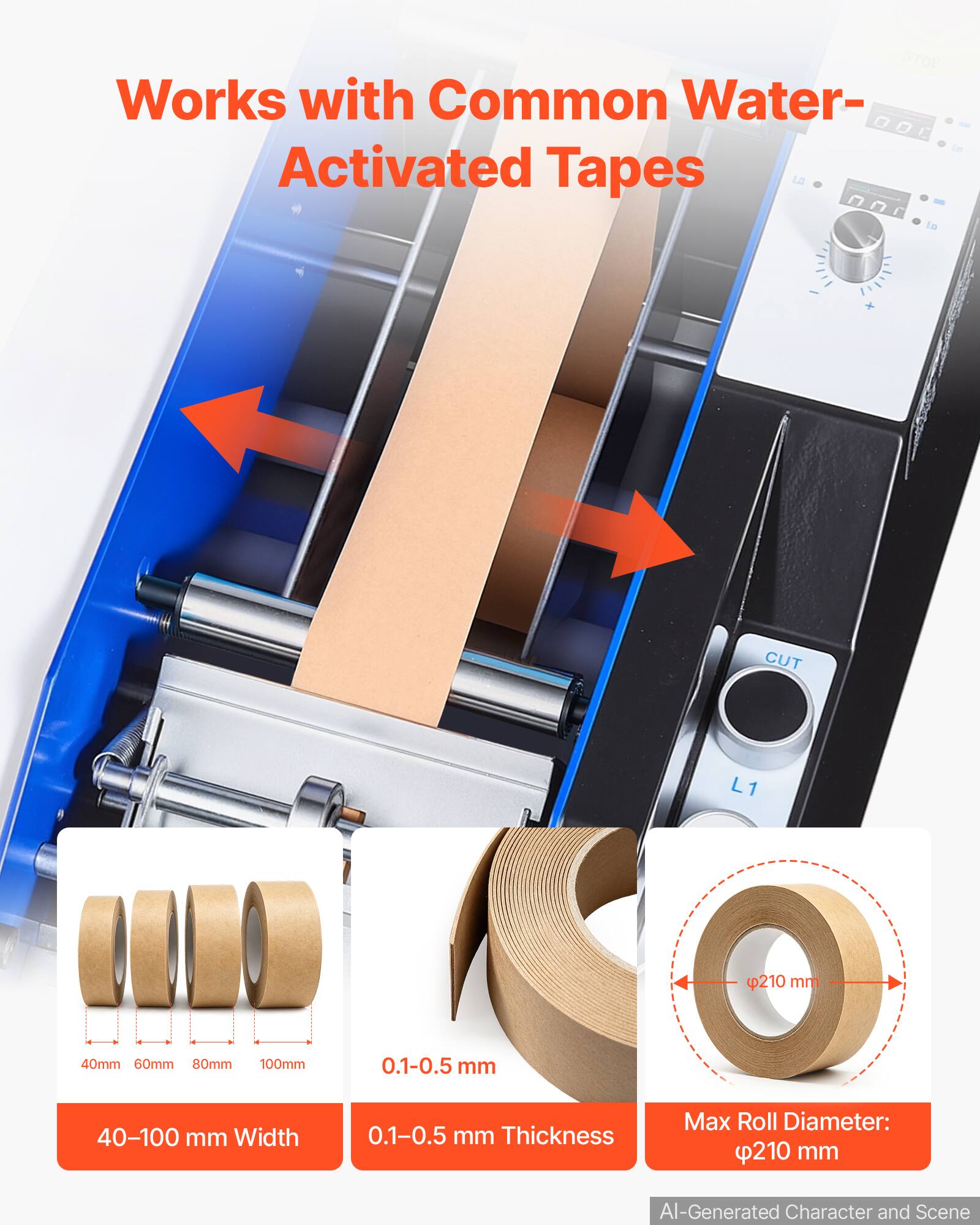Works with Common Water-Activated Tapes

CUT
L1

40mm 60mm 80mm 100mm
0.1-0.5 mm
40-100 mm Width
0.1-0.5 mm Thickness
Max Roll Diameter: 210 mm

AI-Generated Character and Scene