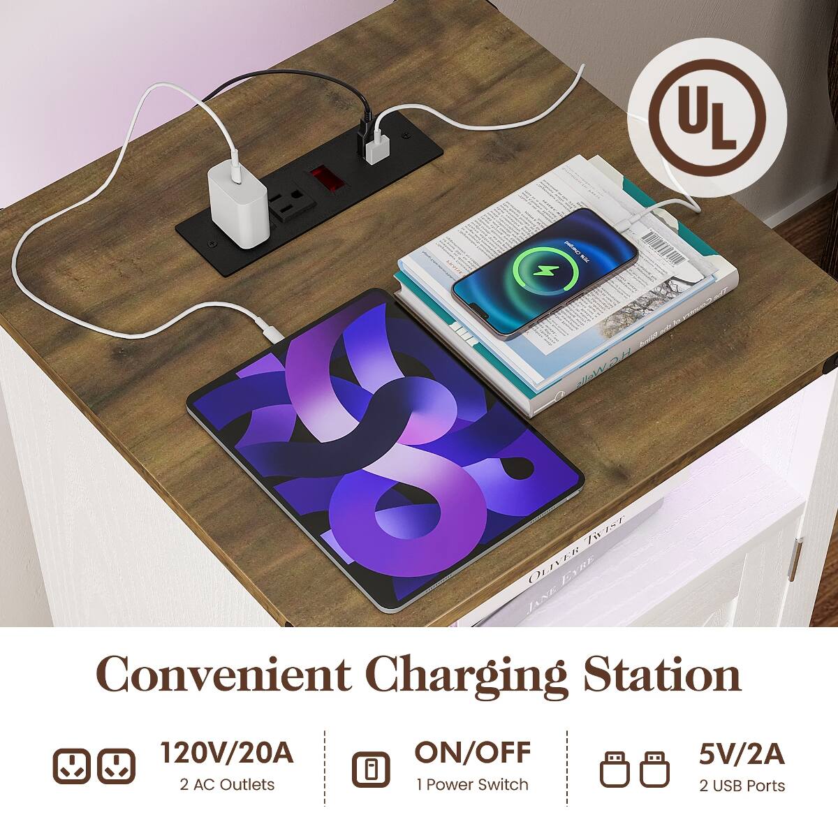 UL Gewergen PM5H 35 JANE OLIVER EYRE TWIST Convenient Charging Station 120V/20A ON/OFF 5V/2A 2 AC Outlets | Power Switch 2 USB Ports