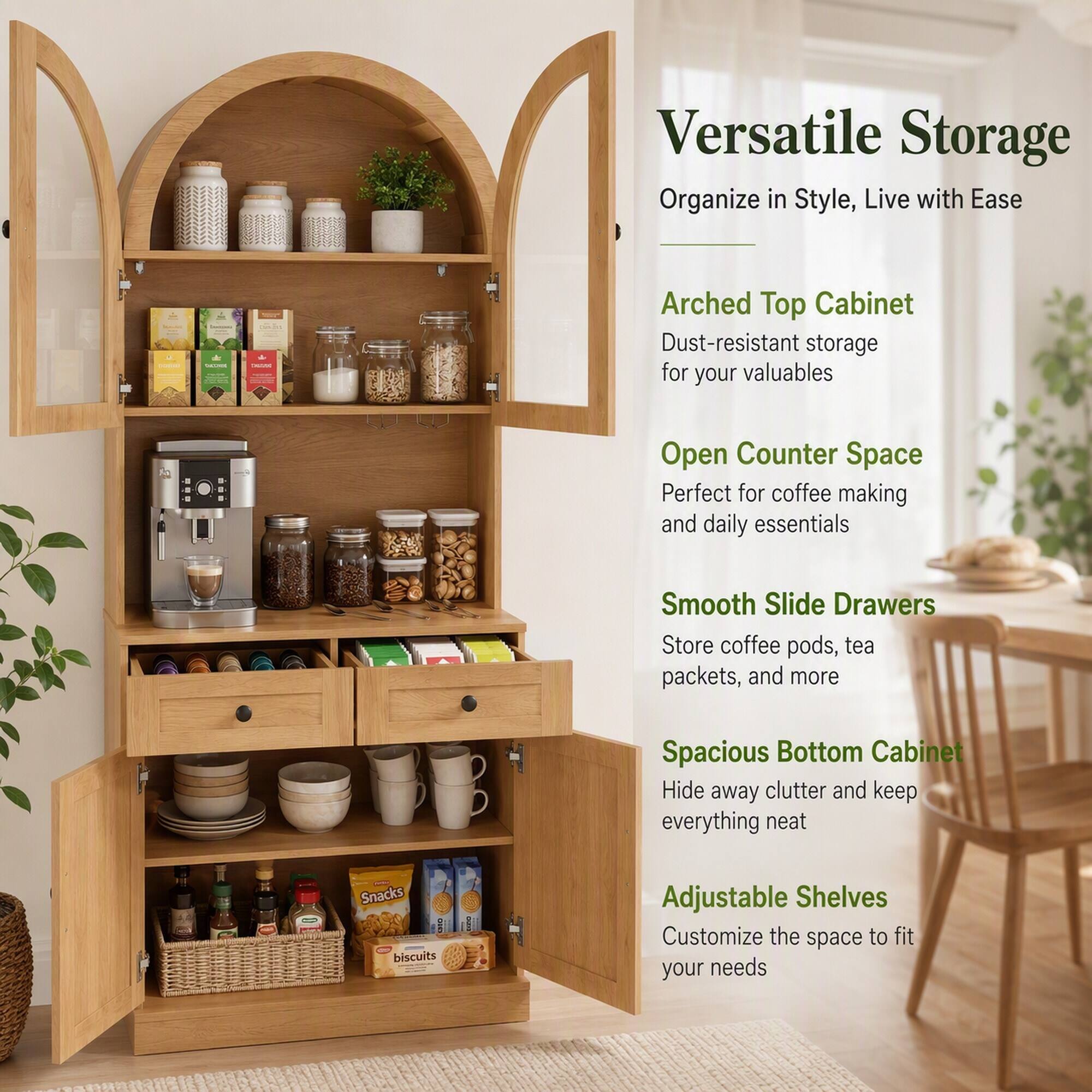 Versatile Storage  
Organize in Style, Live with Ease

Arched Top Cabinet  
Dust-resistant storage for your valuables

Open Counter Space  
Perfect for coffee making and daily essentials

Smooth Slide Drawers  
Store coffee pods, tea packets, and more

Spacious Bottom Cabinet  
Hide away clutter and keep everything neat

Adjustable Shelves  
Customize the space to fit your needs