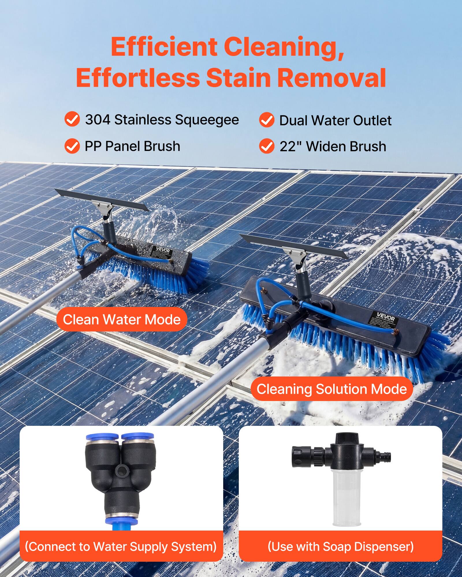 Efficient Cleaning, Effortless Stain Removal

- 304 Stainless Squeegee
- PP Panel Brush
- Dual Water Outlet
- 22" Widen Brush

Clean Water Mode  
Cleaning Solution Mode

(Connect to Water Supply System)  
(Use with Soap Dispenser)