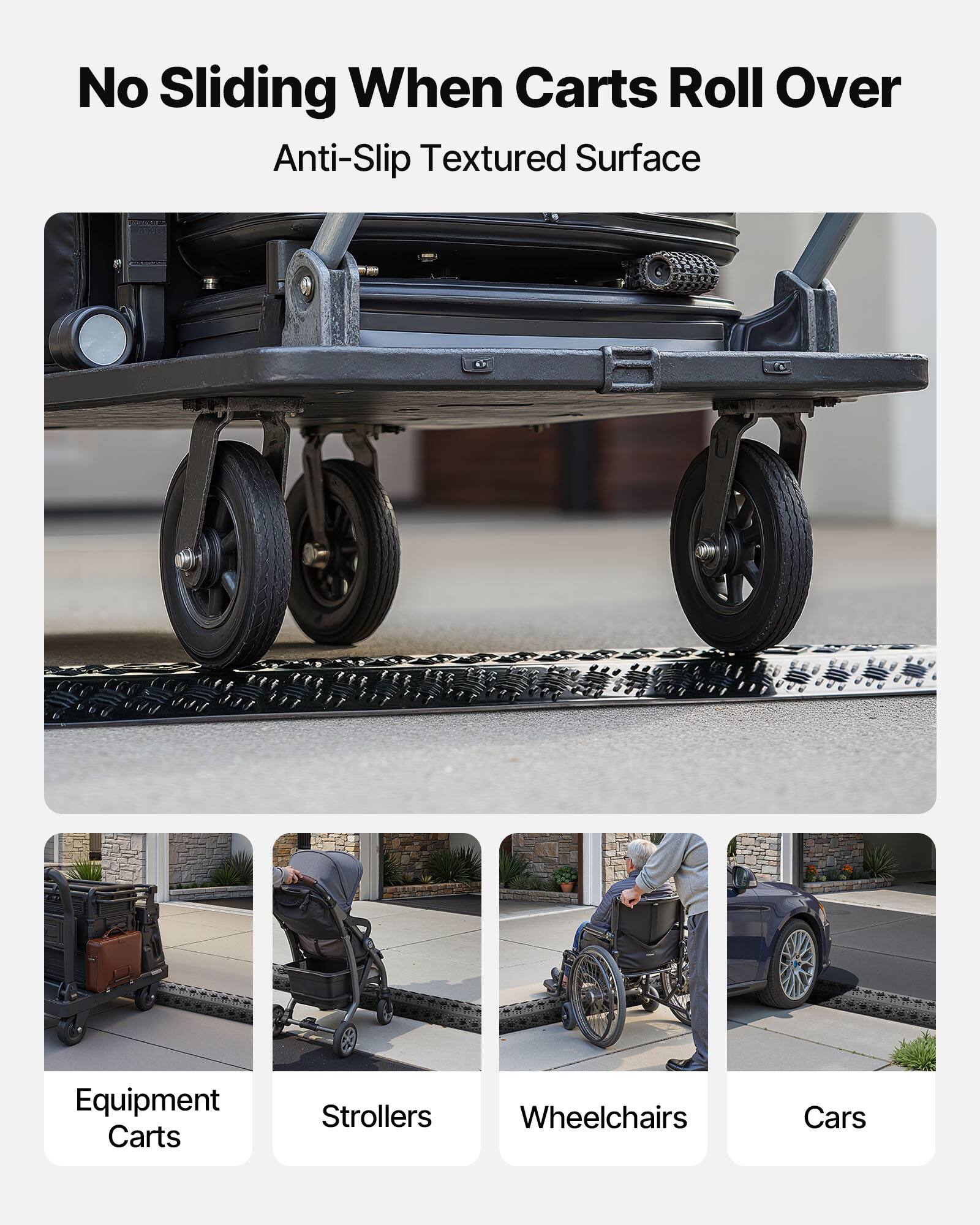 No Sliding When Carts Roll Over  
Anti-Slip Textured Surface  

Equipment Carts  
Strollers  
Wheelchairs  
Cars