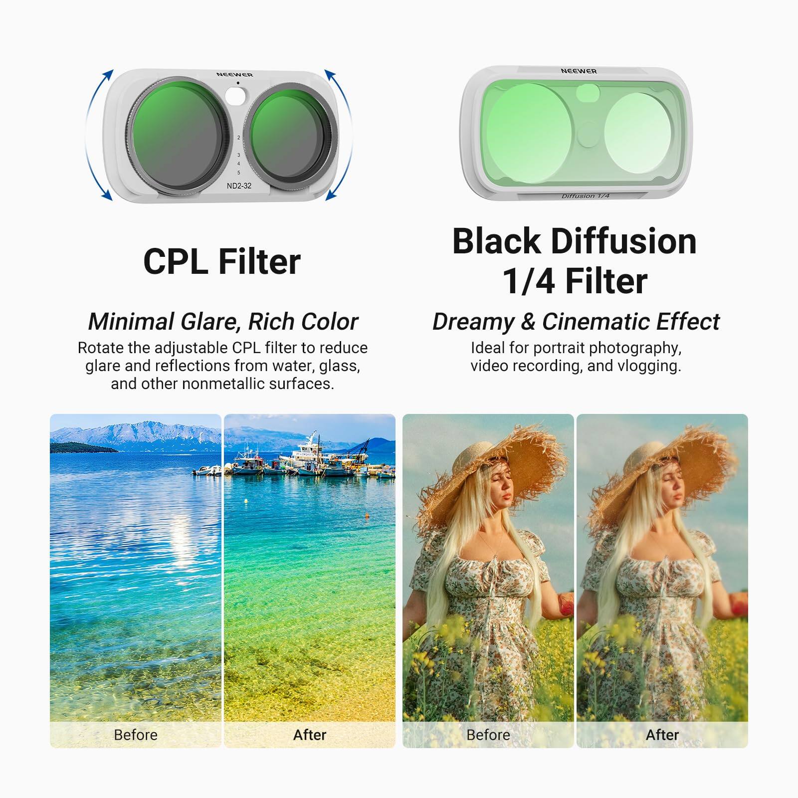 NEEWER

ND2-32
Diffusion 1/4
CPL Filter Minimal Glare, Rich Color
Rotate the adjustable CPL filter to reduce glare and reflections from water, glass, and other nonmetallic surfaces.

Black Diffusion 1/4 Filter Dreamy & Cinematic Effect
Ideal for portrait photography, video recording, and vlogging.

Before
After
Before
After