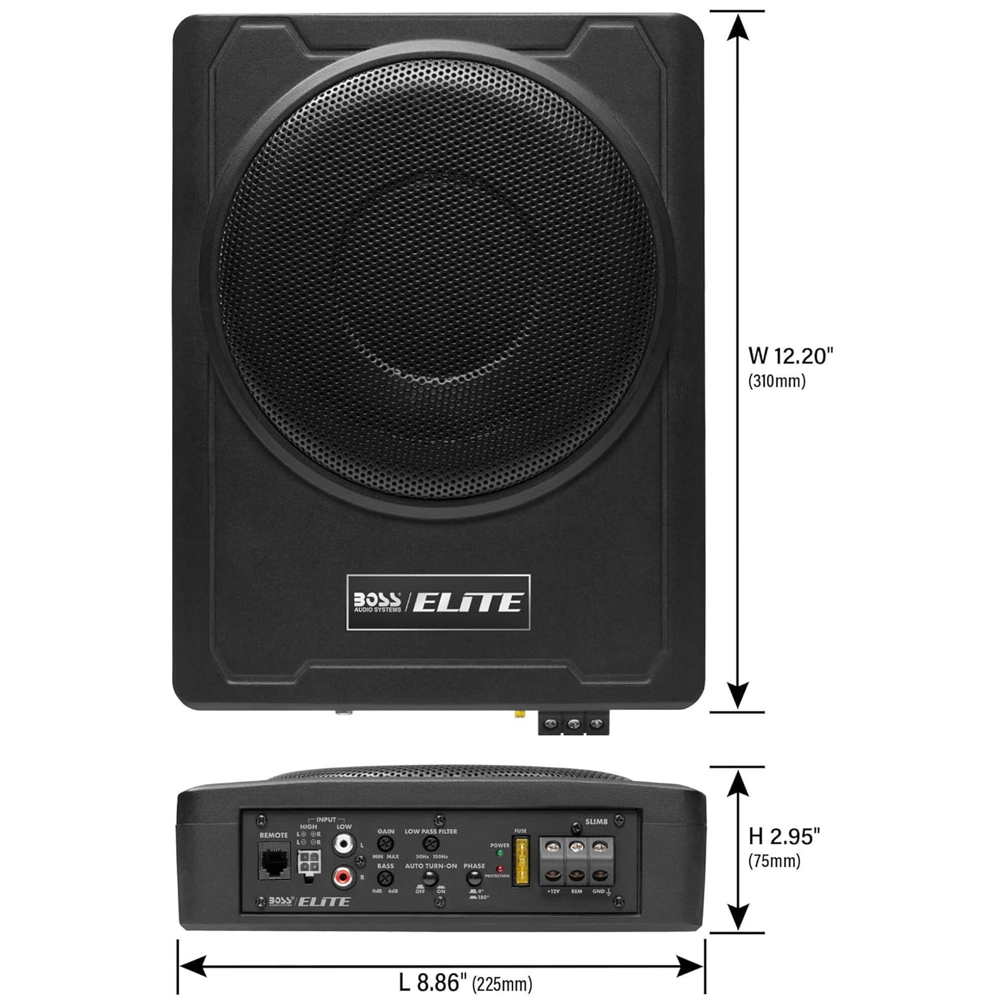 W 12.20" (310mm)  
BOSS ELITE  

IUT - Lrm R d.  

BARE - 2A/  

BASS AUTO TUNE  

PILASE SLME  

H 2.95" (75mm)  

L 8.86" (225mm)