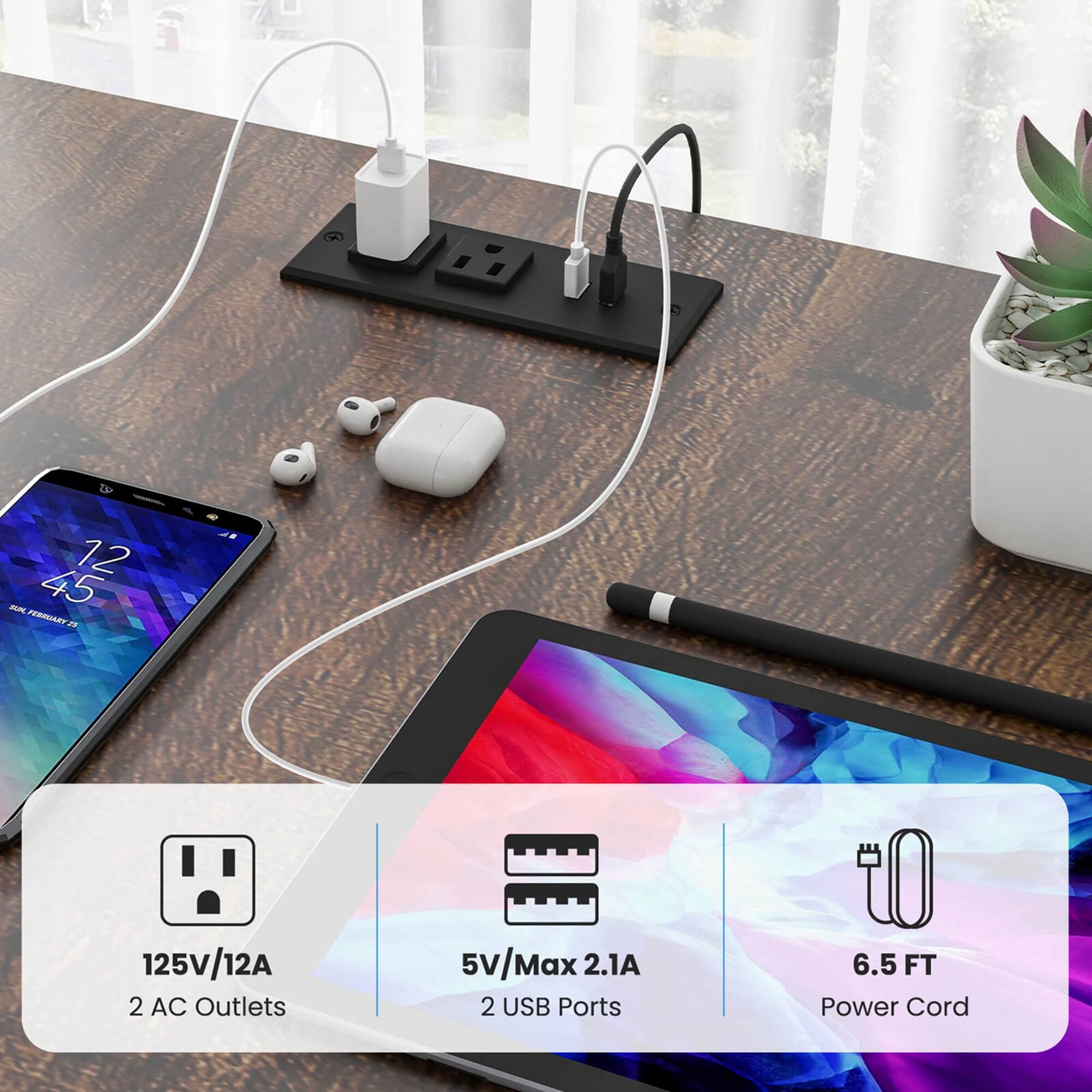 125V/12A 2 AC Outlets 5V/Max 2.1A 2 USB Ports 6.5 FT Power Cord